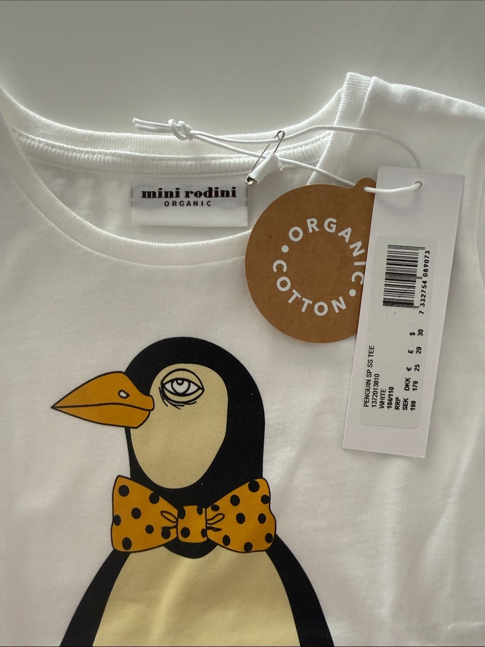 Mini Rodini White Organic Cotton Penguin Short Sleeve Tee Shirt 4-5 NWT - Picture 3 of 6